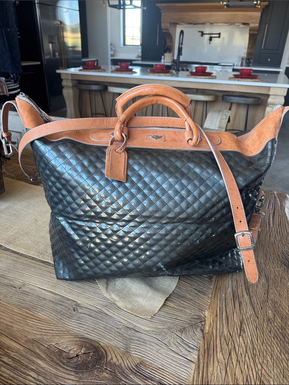 Consuela Gray Quilted Patent Travel Bag with Brown Trim
